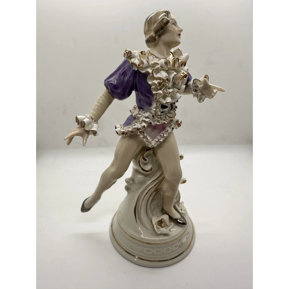 Vintage Porcelain Victorian Style Dancing Lady Figurine Ruffle Gold‎ Trim Dress